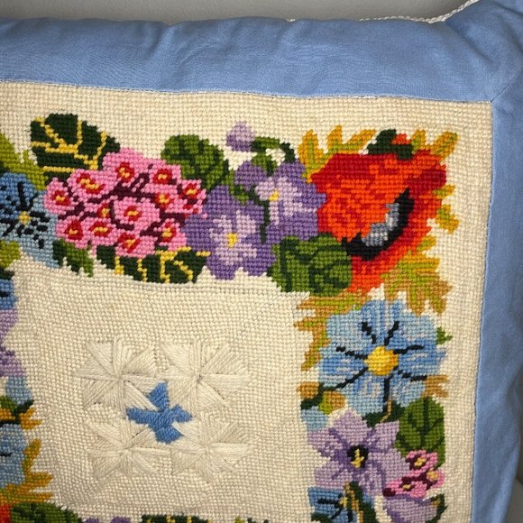 Vintage Handmade Needlework Pillow Case Sham with Throw Pillow Floral 19x19 - Picture 3 of 5